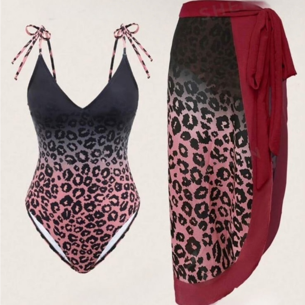 Chic Leopard Print Swim Set - Black and Pink